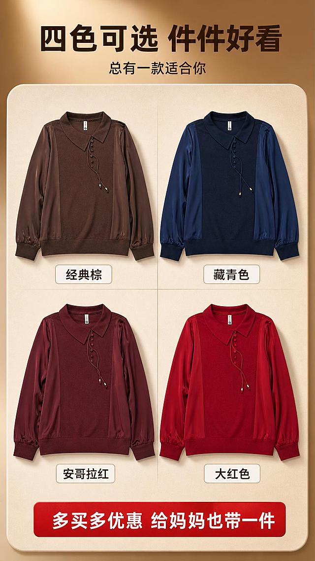 [商品] 使用【图1】棕色、【图2】藏青色、【图4】安哥拉红、【图5】大红色四款同版型针织衫做四色系列展示；商品处理：每款均保留不规则翻领、斜排纽扣、抽绳、针织拼雪纺袖、版型结构；各自颜色保真，自然去皱，增强面料质感，不改变版型。
[画面] 目标：多色系列展示页，四色矩阵排列，方便用户选色。构图：竖版9:16，上方标题区，中间2x2矩阵排列四色针织衫平铺正面图，每款下方标注色名；底部加一句促销语。背景：暖棕色渐变背景，中间区域为浅米色展示台质感，每件衣服有自然投影。
[视觉] 套系策略：风格=拼多多接地气高级感商业摄影；标题字=粗黑体醒目大字；正文字=清晰无衬线体；主色=深棕色；背景延展=基于棕色做深浅渐变、同色系层次和展示台质感；强调色=大红色，仅用于促销标签和高亮；标题色=深棕色；正文色=深褐色；组件=色名标签框、矩阵分隔线、促销标签；光影=顶部柔光，每件衣服立体有阴影。
[文字] 主标题"四色可选 件件好看"（顶部居中，棕色粗体）；副标题"总有一款适合你"（主标题下方）；四色标注：左上"经典棕"、右上"藏青色"、左下"安哥拉红"、右下"大红色"（每款下方，白色底棕色字标签）；底部"多买多优惠 给妈妈也带一件"红色促销条。文字全部横排。
[规格] 图片比例9:16竖版，4K，避免变形、错字、文字过小、颜色偏差、版型失真、拼多多logo/水印。
