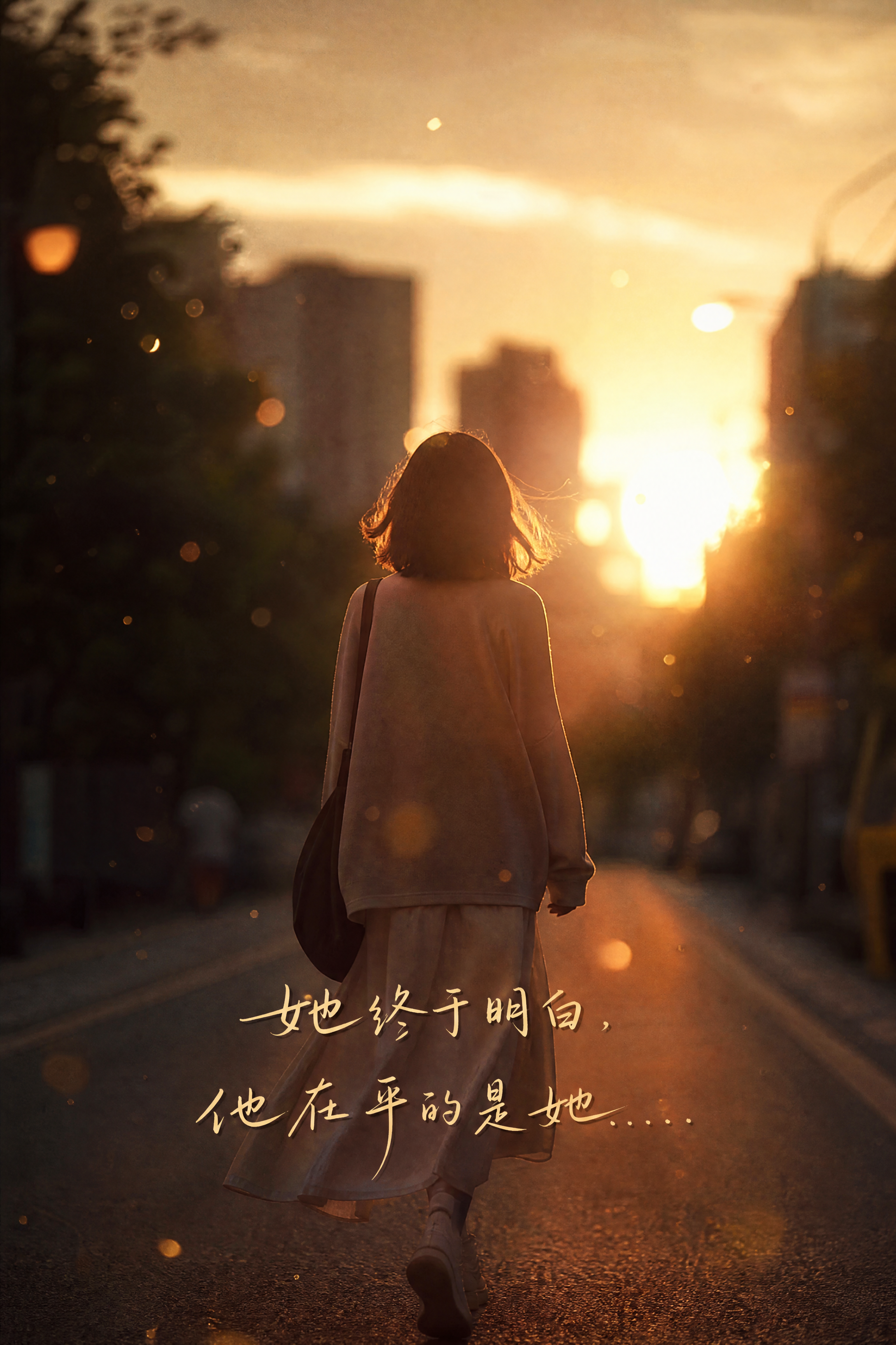 一个齐肩短发女孩离去的背影，她独自走在黄昏的街道上，夕阳的余晖… - 图片创意预览