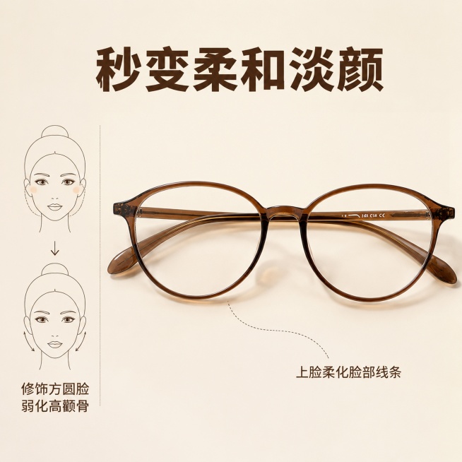 [主图-2] 眼镜修饰脸型核心卖点展示
[氛围风格] 简约温柔，真实可信
[画质] 商业摄影质感、光线柔和通透、产品清晰真实、画面干净高级
[元素] 保持深棕焦糖圆框眼镜外观、结构、材质与原图一致。主预览效果