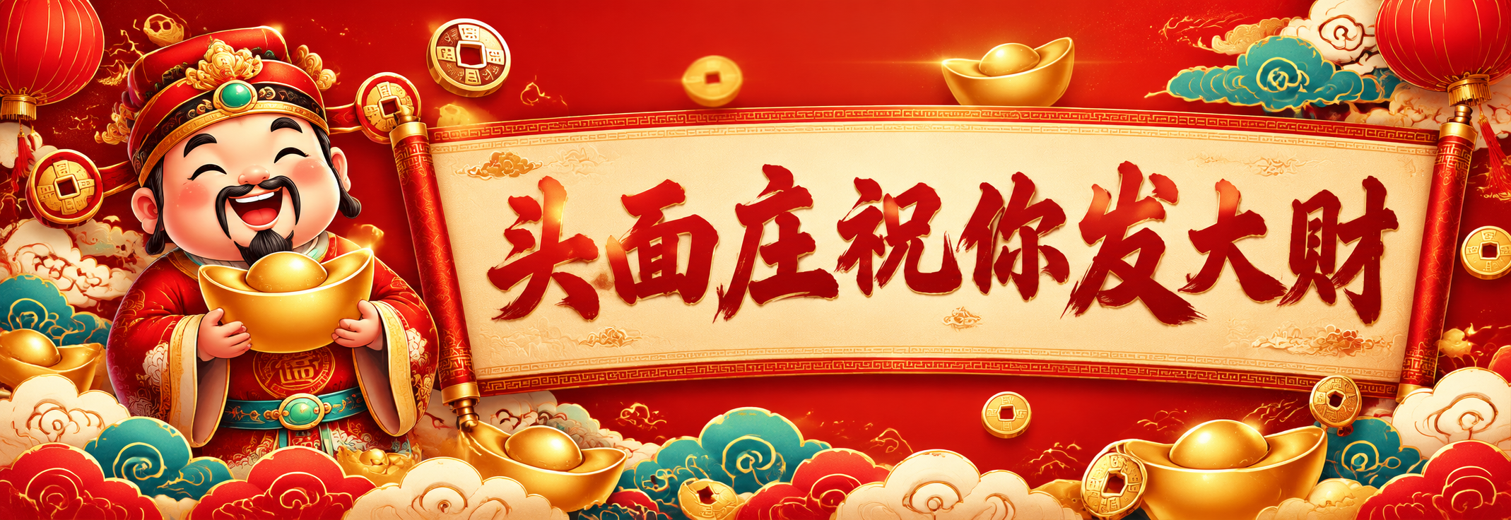 国潮新年横幅设计，70cm×24cm横版长条。左侧是可爱的财神… - 图片创意预览