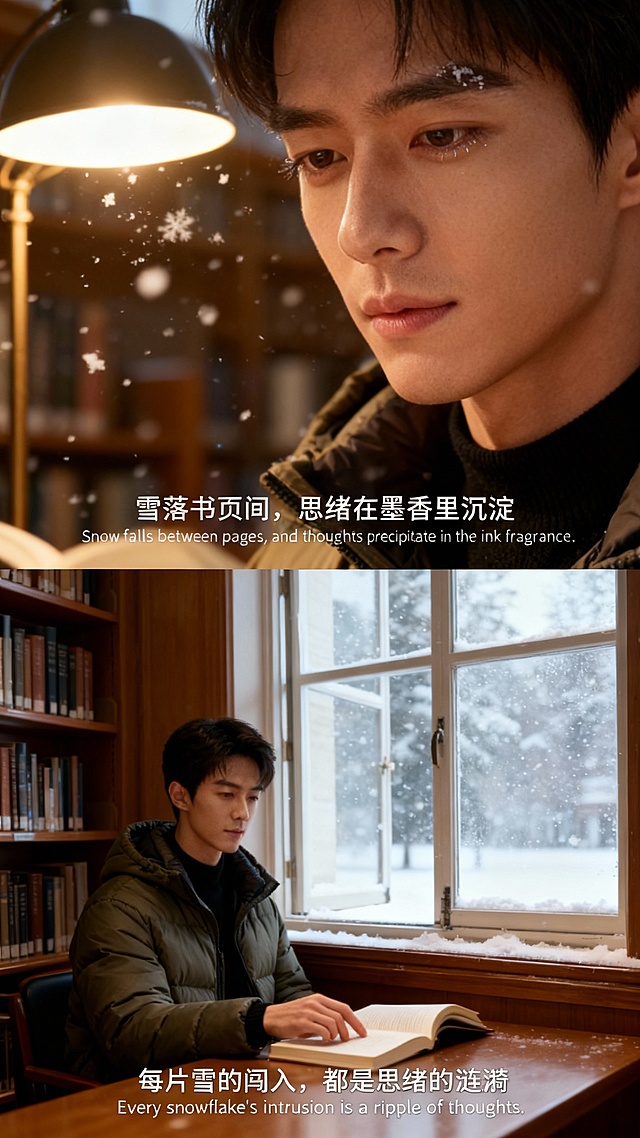 冬日书斋，雪落窗棂，光影柔和，氛围静谧浪漫。实景与粒子风结合，营造出清透梦幻的视觉氛围，兼具文艺感与故事感。
