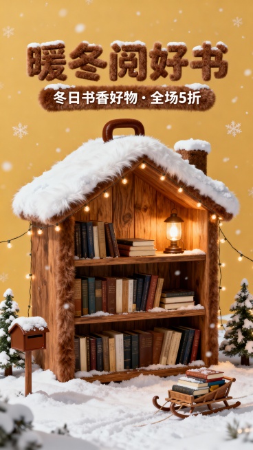 主体为棕色木屋造型书架（屋顶积雪、棕色把手，内部设原木书架、暖光台灯、冬日读物，外围环绕暖棕串灯）；场景是飘雪的雪地，分布带雪杉树、棕色信箱、载满书籍的雪橇；上方 3D 棕色毛绒字体设计的主副标题组合预览效果