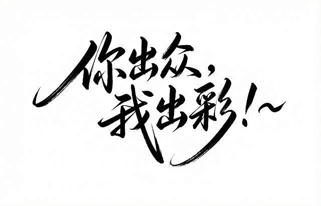 参考图中书法字体笔划风格，设计文字「你出众，我出彩！~」，线条粗细长短夸张，连笔，钢笔质感，黑白配色，纯白背景