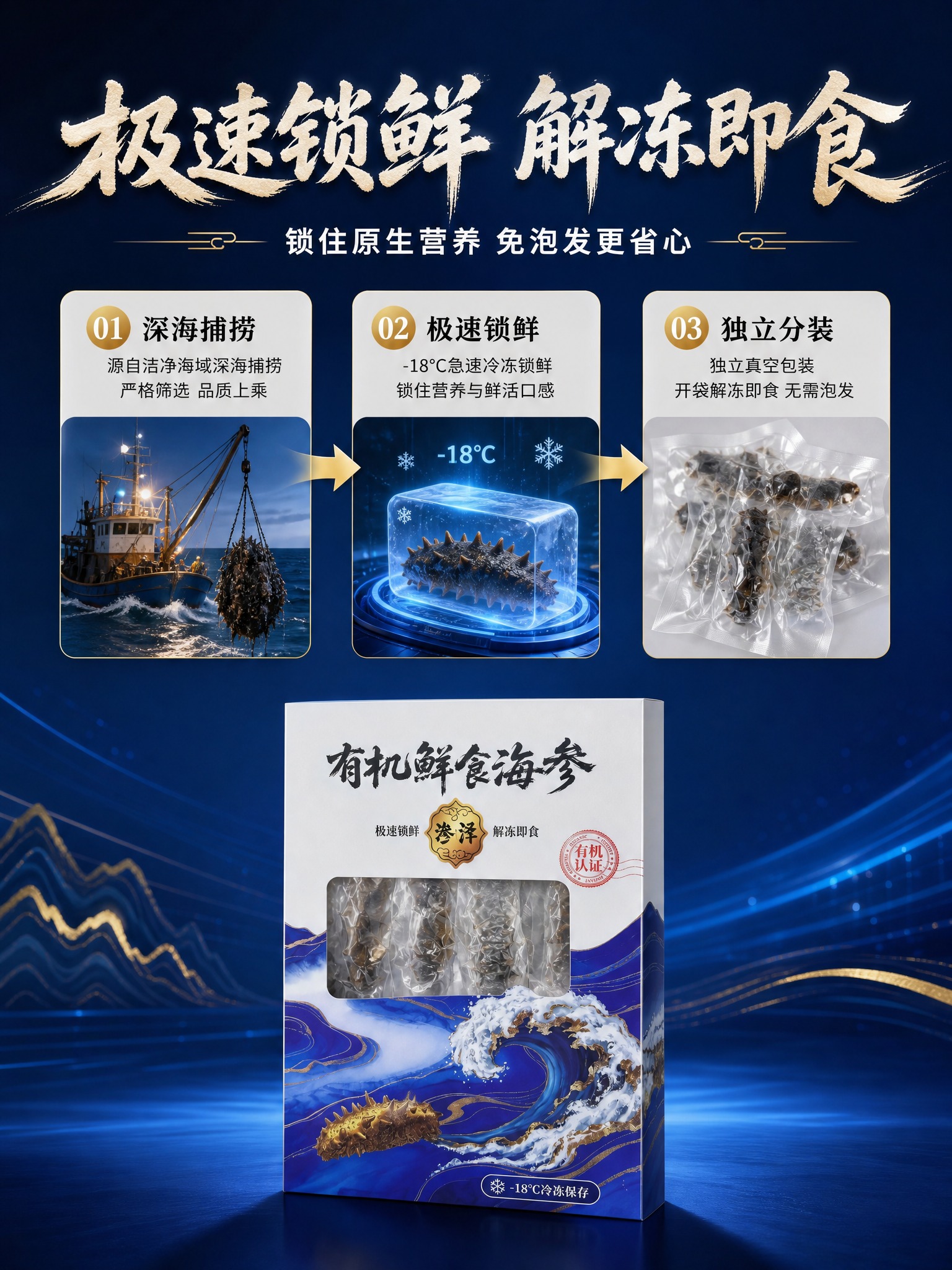 [商品] 使用【图4】【图6】有机鲜食海参礼盒；保留白色盒面、… - 图片创意预览