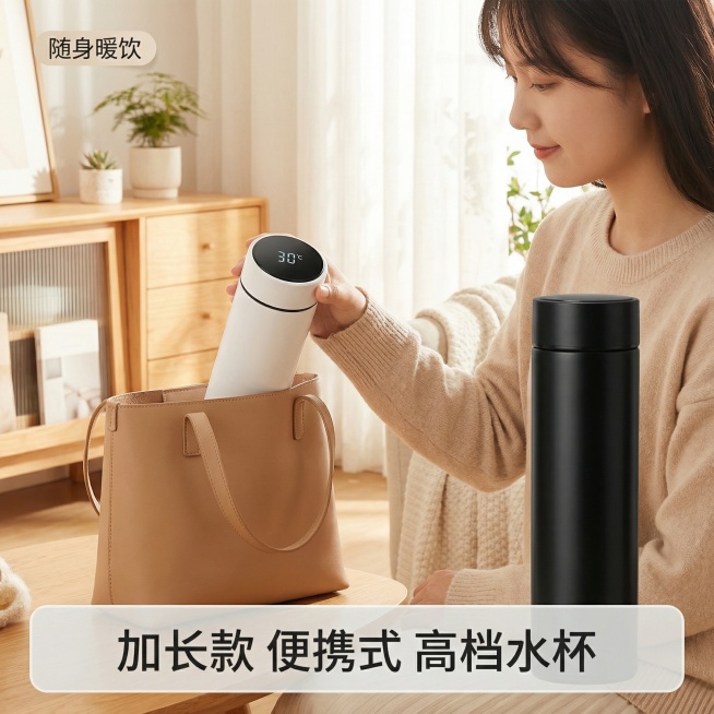 [主图 4]便携式保温杯多场景使用展示
[氛围/风格]温馨舒适治愈风，生活化日常场景，暖调自然光
[画面元素]保持智能保温杯产品外观不变，一位年轻女生手捧着保温杯，放在通勤包旁，展示产品便携尺寸，背景预览效果