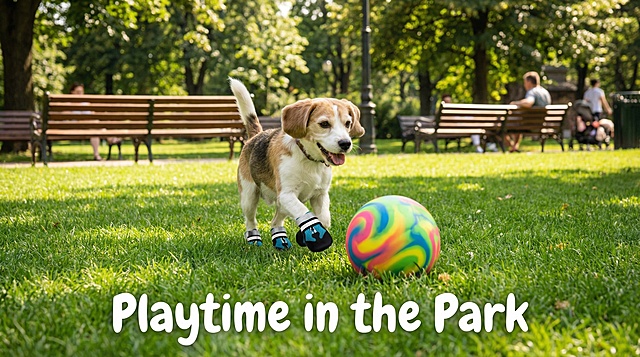 以图中的狗狗鞋为元素,狗狗穿着鞋子玩耍,设计6张跟狗狗鞋有关的图,物体主体特征不变,英语,比例 「16:9」