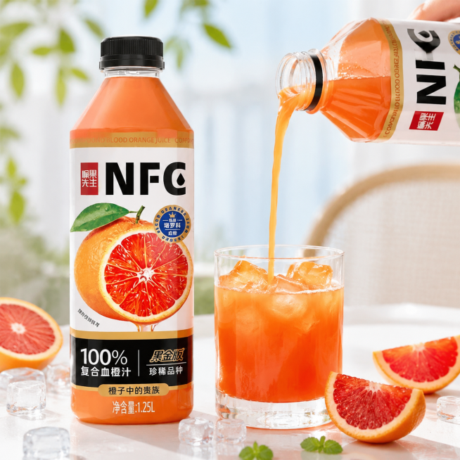 「图片1」，生成一套主图（5张），商品名称是塔罗科血橙汁，卖点是100%NFC非浓缩还原，配料干净，0添加0色素，1.25L*两瓶五斤装，风格是清爽风格，搭配点冰爽元素，适合夏天，但是不要色彩不要太夸预览效果