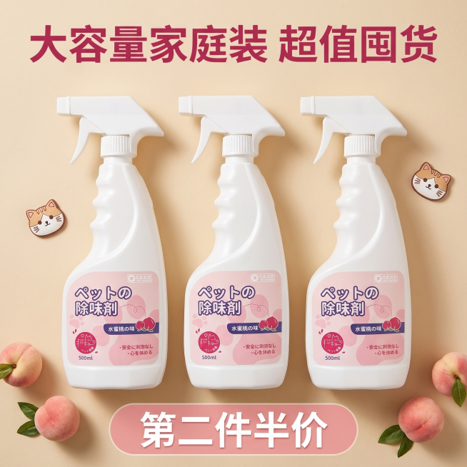 [主图 5] 宠物除臭剂喷雾促销囤货主图
[氛围/风格] 温馨性价比风，整洁明亮，拼多多直白划算风格。
[画面元素] 商业摄影质感，光线柔和通透，产品清晰真实，画面干净高级。三瓶宠物除臭剂喷雾整齐平铺预览效果