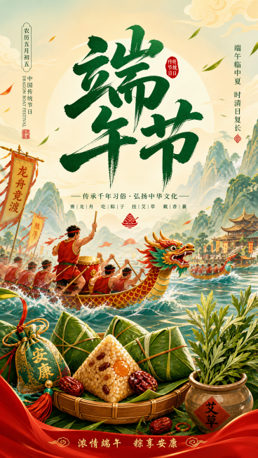 端午节海报，主题为端午节，包含粽子、龙舟、艾草等传统元素，风格喜庆大气预览效果
