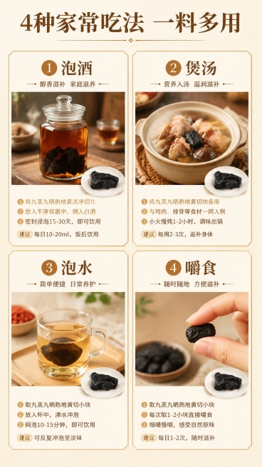 [第5屏] 吃法展示屏，介绍四种家常吃法，适合不同场景需求。本屏使用产品切块【图2】作为展示。
[氛围/风格] 生活场景化，清晰分栏，简约实用，温馨食欲感。
[元素布局] 画面分为四个区域，每个区域介预览效果