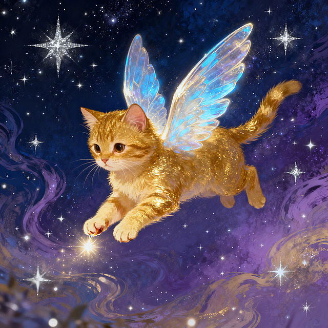 一只金色的会飞的小猫，梦幻星空背景，猫咪长着透明翅膀，整体画面温馨梦幻，细节丰富，光影效果优美