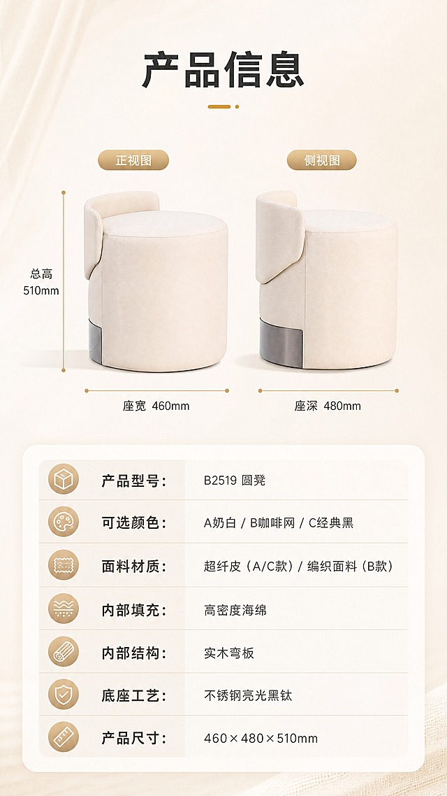 [商品] 使用【图1】中A款白色圆凳正视图；保留圆凳造型、白色超纤皮、靠背与不锈钢圈结构；不改变比例。
[画面] 目标：产品信息参数页，收口全套详情。上下分区构图，上半部分为圆凳正侧视展示图，带尺寸引线标注；下半部分为规格参数表；产品图占画面约45%；背景为纯净奶白渐变，干净专业。
[视觉] 套系策略：风格=现代轻奢亮调商业家居摄影；标题字=现代无衬线粗体；正文字=简洁无衬线体；主色=奶白+浅米灰；背景延展=基于奶白与浅米灰做同色渐变、柔光墙面与细腻织物质感；强调色=香槟金/浅金，仅用于小面积图标、引线和标签；标题色=深炭灰；正文色=中暖灰；组件=圆角浅底信息卡、细线引线、金色点缀图标；光影=左前侧暖柔光，柔和阴影，整体高光亮调。
[文字] 顶部标题「产品信息」；上半图引线标注：总高510mm、座宽460mm、座深480mm；下半参数表字段：「产品型号：B2519 圆凳」「可选颜色：A奶白 / B咖啡网 / C经典黑」「面料材质：超纤皮（A/C款）/ 编织面料（B款）」「内部填充：高密度海绵」「内部结构：实木弯板」「底座工艺：不锈钢亮光黑钛」「产品尺寸：460×480×510mm」；文字全部横排，表格清晰，手机端可读。
[规格] 图片比例9:16竖版，4K分辨率，避免变形、错字、文字过小、冷蓝/冷灰背景、产品颜色改变、结构失真、极限词。