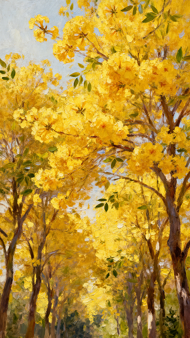 厚涂油画风描绘金黄花树，印象派笔触营造清新柔和的春日氛围，唯美文艺中透出自然生机。