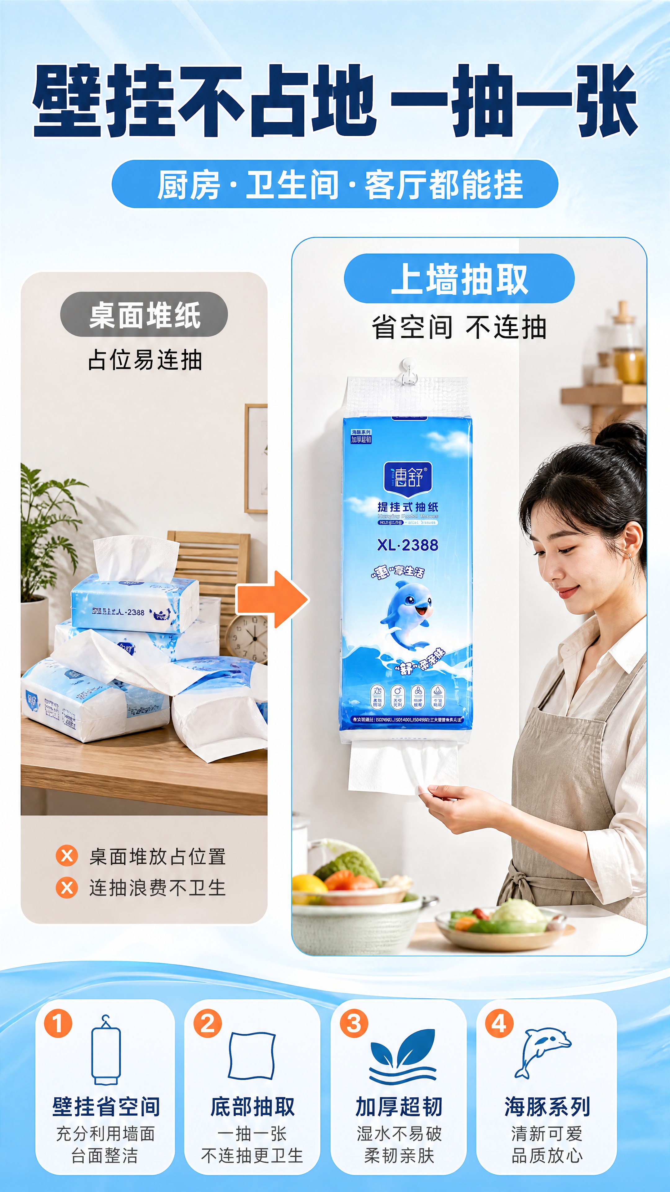 [商品] 使用【图1】同款惠舒海豚系列提挂式抽纸；保留蓝白包装… - 图片创意预览
