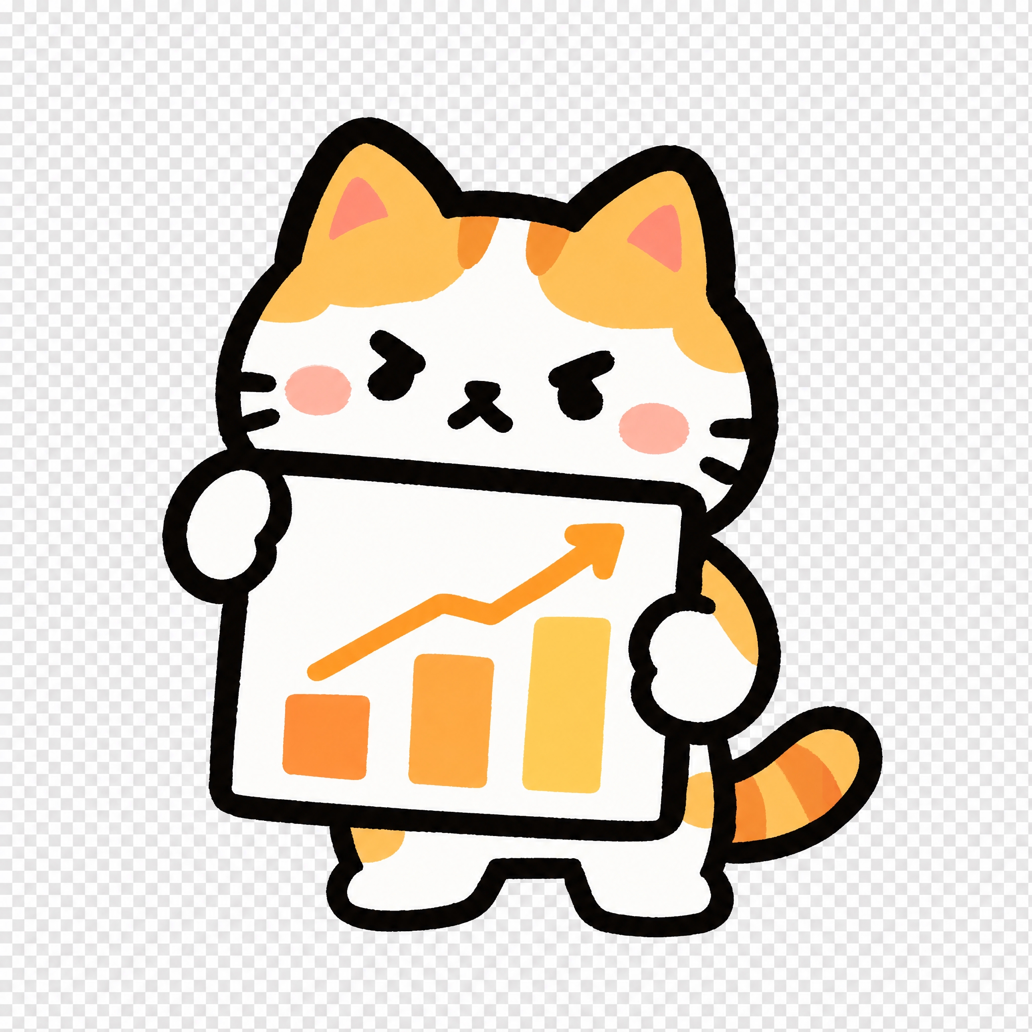 透明背景PNG，Q版橘白小财猫，粗黑轮廓线，抱着一个柱状图表，… - 图片创意预览