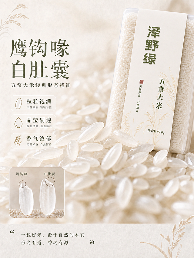保持图二整体比例和所有文字、背景、内容不变，将图二中原有产品替换为图一的新产品，完整保留新产品包装的所有文字、设计和米粒形态，精准匹配位置、大小和角度，自然融入场景，光影和整体风格协调一致，其他内容全部保持原样。
