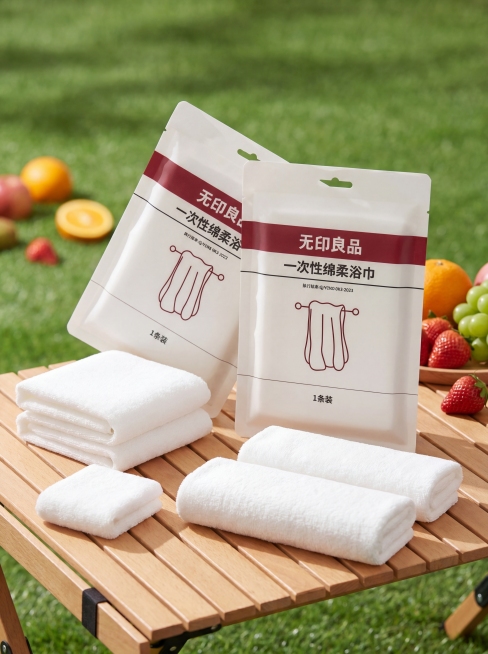 商业产品摄影，8K 超高清，电影级质感，浅景深效果；主体为一次性绵柔毛巾产品，包装袋替换为参考图里的无印良品一次性绵柔浴巾包装，放在桌子后面2个包装袋，前后立着摆放，右边包装向左旋转30°，左后的包装预览效果