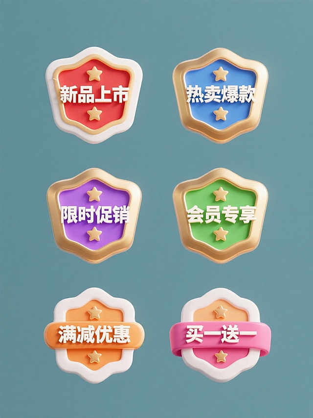 六个同风格、不同促销主题的3D立体徽章图标系列，保持金色渐变主体、白色立体边框、内部星星装饰及中文书法字体的视觉特征，分别展示"新品上市"、"热卖爆款"、"限时促销"、"会员专享"、"满减优惠"、"买一送一"文字内容，每个徽章采用不同主色调（红/蓝/绿/紫/橙/粉），规整排列在纯色背景上，保持一致的光影效果、立体层次感和信息传达效率。
