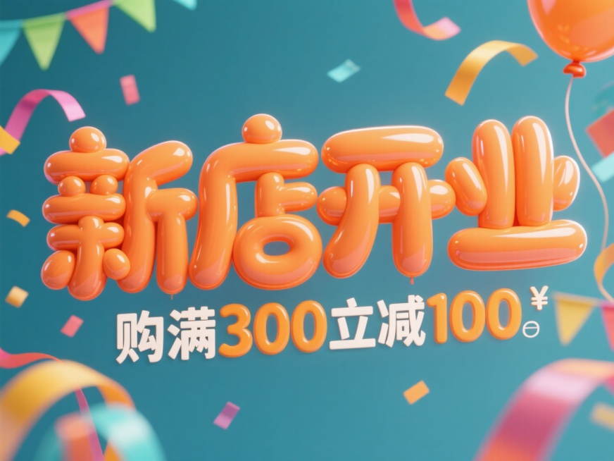 主标题为“新店开业”，副标题为“购满300立减100”，立体泡泡字体，软边缘，字体采用橙色气球膨胀材质，背景有彩带装饰，超级可爱的背景预览效果