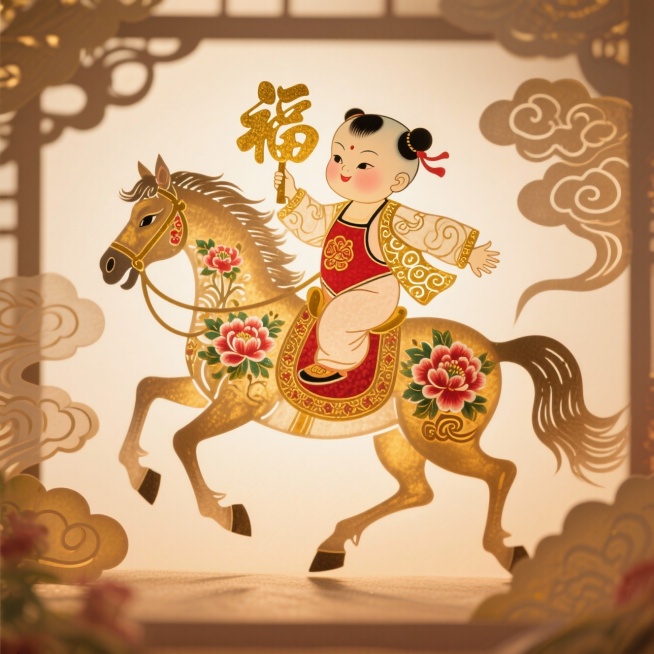 主体是可爱的福娃，身穿红色肚兜、金色祥云纹样外套，手持金色 “福” 字，骑在一匹装饰牡丹与祥云纹样的金色骏马上。骏马呈奔跑姿态，前蹄抬起，动态感强。背景为棕黄色，带有柔和光晕，整体呈现喜庆、吉祥、童趣预览效果