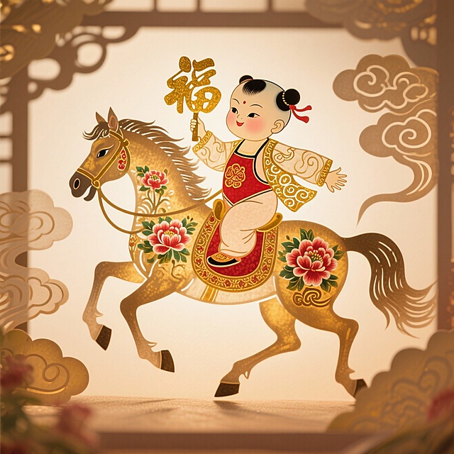 主体是可爱的福娃，身穿红色肚兜、金色祥云纹样外套，手持金色 “福” 字，骑在一匹装饰牡丹与祥云纹样的金色骏马上。骏马呈奔跑姿态，前蹄抬起，动态感强。背景为棕黄色，带有柔和光晕，整体呈现喜庆、吉祥、童趣的春节氛围。