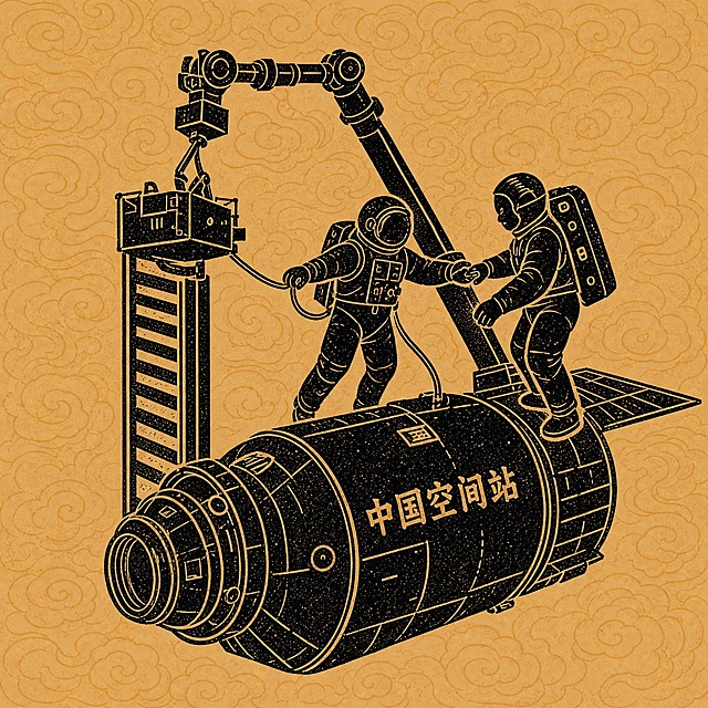 从这张汉代画像石风格的航天图中，提取出右下角中国空间站舱段和上面两名协作的宇航员，单独呈现，保持原有的黑色拓印风格，背景为土黄色云纹底，元素完整清晰