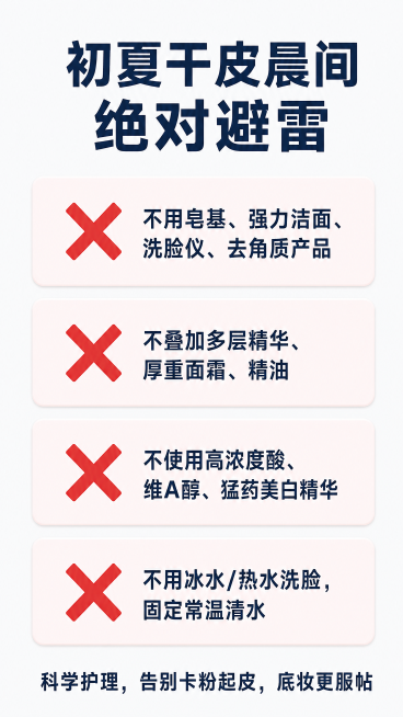 [第10屏] 初夏干皮晨间绝对避雷指南，总结错误护理方式提醒。
[氛围/风格] 醒目警示科普风，干净清新，浅米白底色，重点突出。
[元素布局] 顶部主标题，中间四张避雷要点卡片垂直排列，每个卡片标注一预览效果