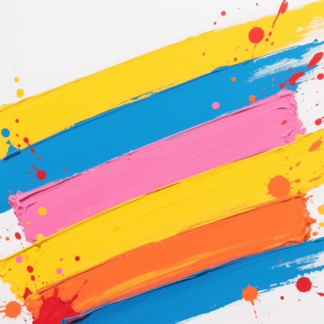 抽象色彩构成，由鲜艳明亮的黄色、蓝色、粉色和橙色色块组成，色块以斜向交错的笔触排列，边缘带有飞溅的红色和橙色墨点，整体呈现出活泼动感的视觉效果，采用厚涂油画质感，笔触厚重肌理明显，颜料堆叠感强，色彩饱和度高，对比鲜明，背景为纯白色，色彩块之间有自然的色彩融合过渡，飞溅的墨点大小不一分布自然，构图均衡且富有张力。预览效果