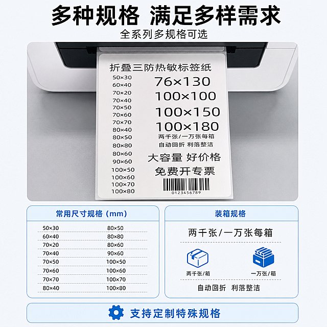 [第6屏] 规格展示-全系列多规格可选。本屏结合【图1】信息展示全系列规格矩阵。
[氛围/风格] 清晰参数展示风，简洁明了，专业规整，满足采购选型需求。
[元素布局] 打印好的规格标签展示在画面上半部分，占比约50%，下半部分分两栏排列常见规格，保留原标签文字信息，内容与输入产品图一致。主产品清晰突出，规格列表排版整齐。
[光影质感] 均匀柔光照明，标签文字清晰，无过暗过亮区域。
[配色色系] 全局底色 #F5F6F7；白色标签，黑色文字，浅蓝规格分区边框，整体干净专业。
[视角构图] 上下分栏构图，上产品下规格，符合从上到下阅读习惯，信息层级清晰。
[文字版式] 顶部主标题「多种规格 满足多样需求」，下半部分分两栏列出常用尺寸规格，右侧标注装箱规格：「两千张/一万张每箱」，底部补充「支持定制特殊规格」，字体大小适中，手机端清晰可读。
[比例分辨率] 3:4 竖版比例，4K 分辨率，文字清晰可辨，高清画质。
[负向提示词] 规格文字错乱，排列不齐，产品变形，文字模糊，遮挡主体