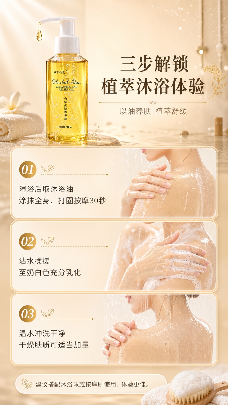 [商品] 使用【图1】本草折衷六味安肤沐浴油；保留透明方瓶、白… - 图片创意预览