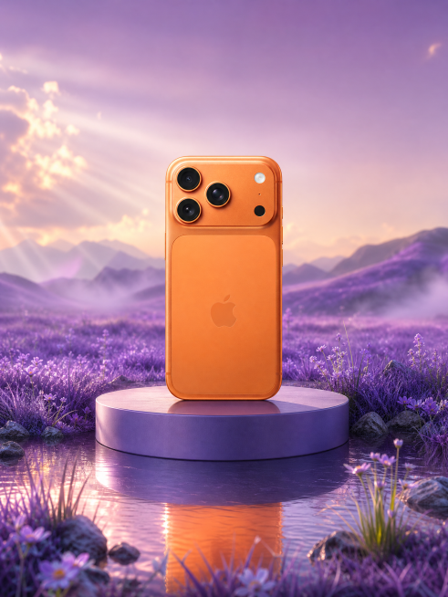 将这台橙色iPhone手机放置在超现实自然景观场景中，产品位于画面中前景作为视觉中心，采用沉浸式平台场景，以奇幻紫草地为背景，搭配简约几何平台，整体场景干净通透，光影自然，近实远虚的景深效果，无杂乱元预览效果