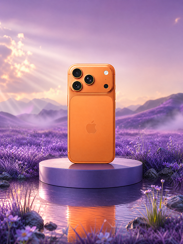 将这台橙色iPhone手机放置在超现实自然景观场景中，产品位于画面中前景作为视觉中心，采用沉浸式平台场景，以奇幻紫草地为背景，搭配简约几何平台，整体场景干净通透，光影自然，近实远虚的景深效果，无杂乱元素，突出产品与环境的和谐感。主光以柔和自然光为主，侧光勾勒产品轮廓，突出金属磨砂材质细节，环境光地面添加自然反光，背景柔化虚化，添加丁达尔光效和薄雾，整体色调为梦幻紫渐变，草地细节茂密鲜嫩层次分明，长短错落草丝清晰可见，点缀野花，背景远山朦胧虚化，天空渐变紫霞，8K超高清，写实3D渲染质感，产品材质细节还原到位，光影自然通透，景深突出主体