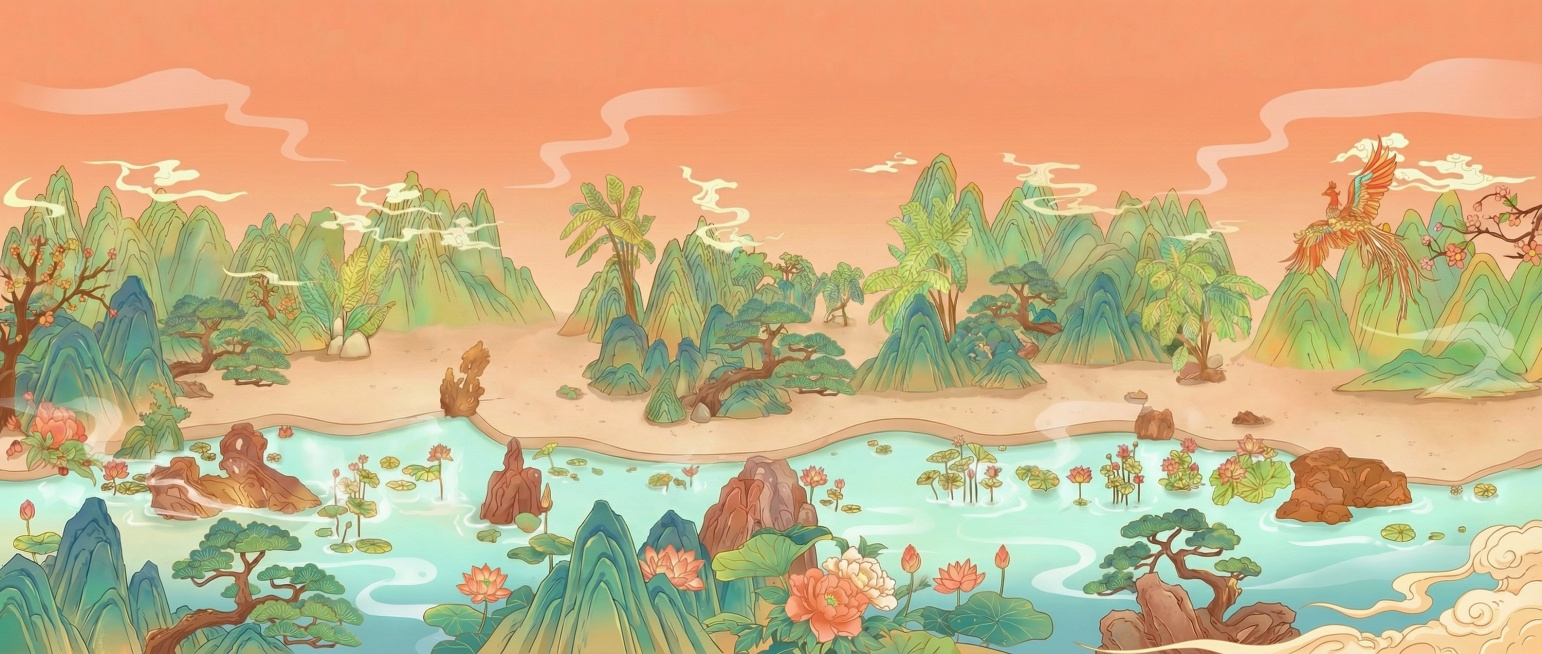 删除画面中所有的中式古建楼阁、塔楼、桥梁、鼓等人工建筑，保留原有的国潮古风山水、湖水、植物、山石、天空、祥云场景，删除产生的空白区域使用和原图一致风格的背景、湖水、山石、植物补充，保持整体画面风格、色预览效果