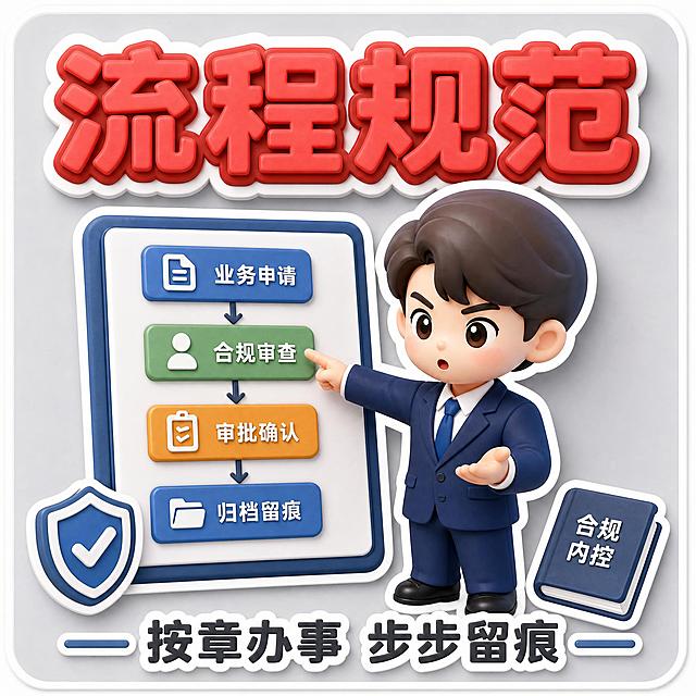 3D立体Q版表情包，穿深蓝色西装的卡通男生，白色衬衫蓝色领带，可爱Q版3D黏土风格，白色粗描边贴纸效果。人物站在流程图表前，手指着流程图，表情认真讲解。上方红色立体大字：流程规范。下方小字：按章办事 步步留痕。浅灰色背景，立体字效果，证券合规内控主题，简洁明了
