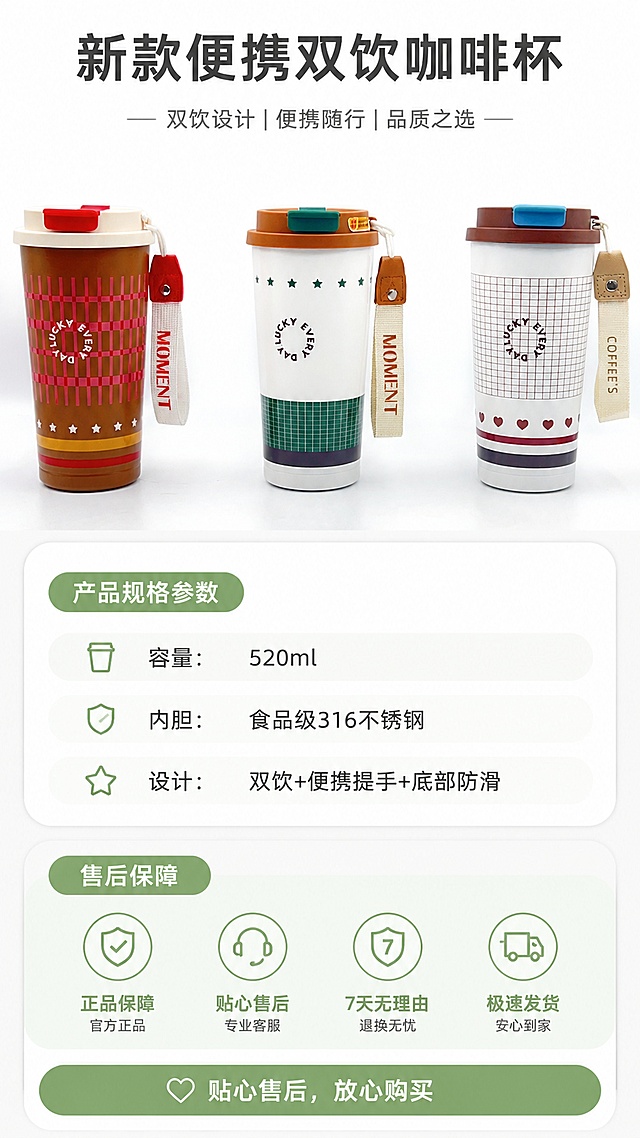 使用商品详情页技能根据商品图「图片1」「图片1」「图片1」「图片1」「图片1」「图片1」「图片1」生成详情页，参考图为，商品名称为新款便携咖啡杯，卖点为520ml超大容量，食品级316不锈钢内胆，材质安全，自带便携提手出行方便，底部硅胶防滑垫设计，双饮设计可直饮可吸管喝水方便，适配平台为拼多多，图片比例为9:16，需求屏数为8张，详情页中禁止出现人物面部