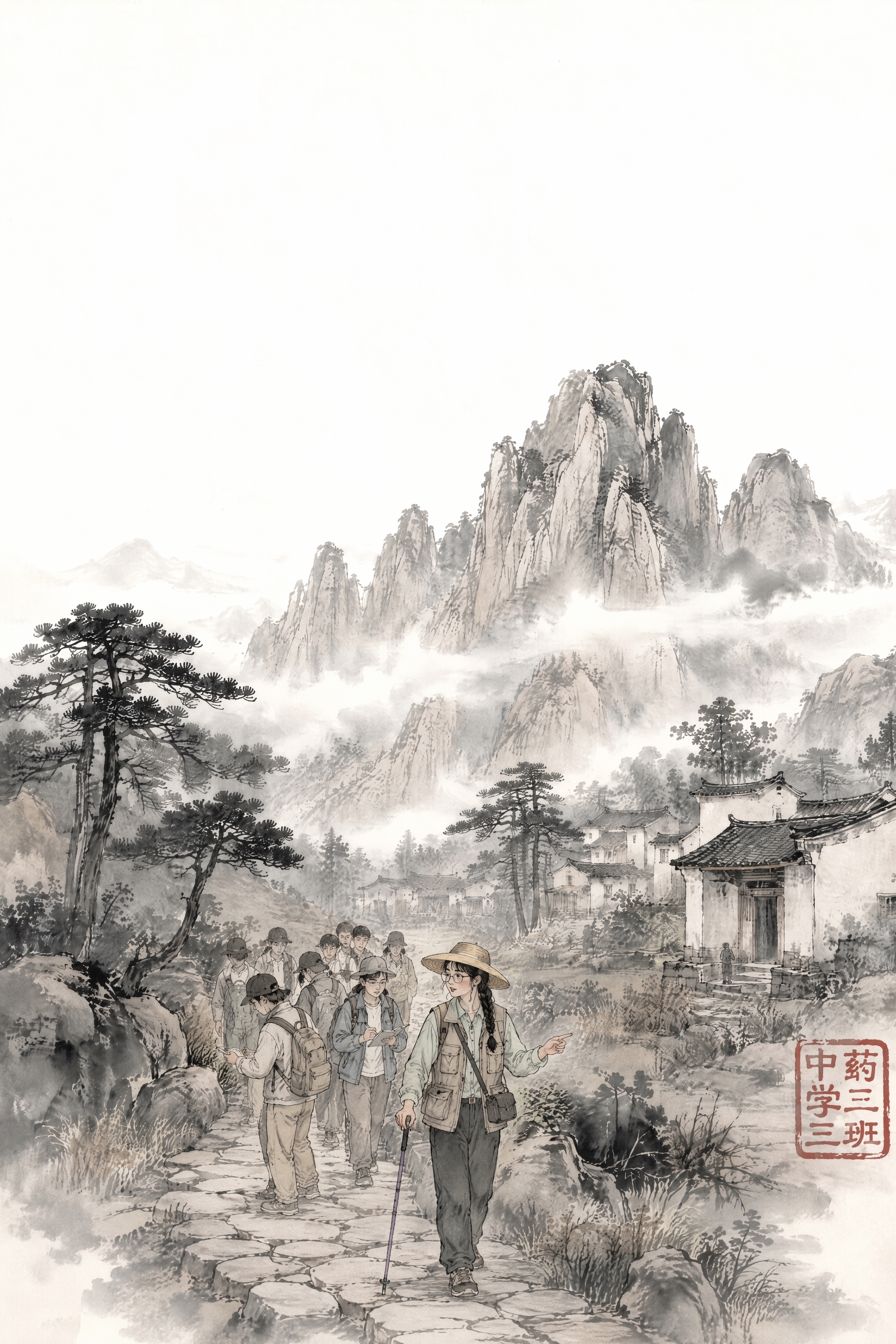 保留原图山体、云雾、村屋、树木、石板路、水墨留白、宣纸质感和整… - 图片创意预览