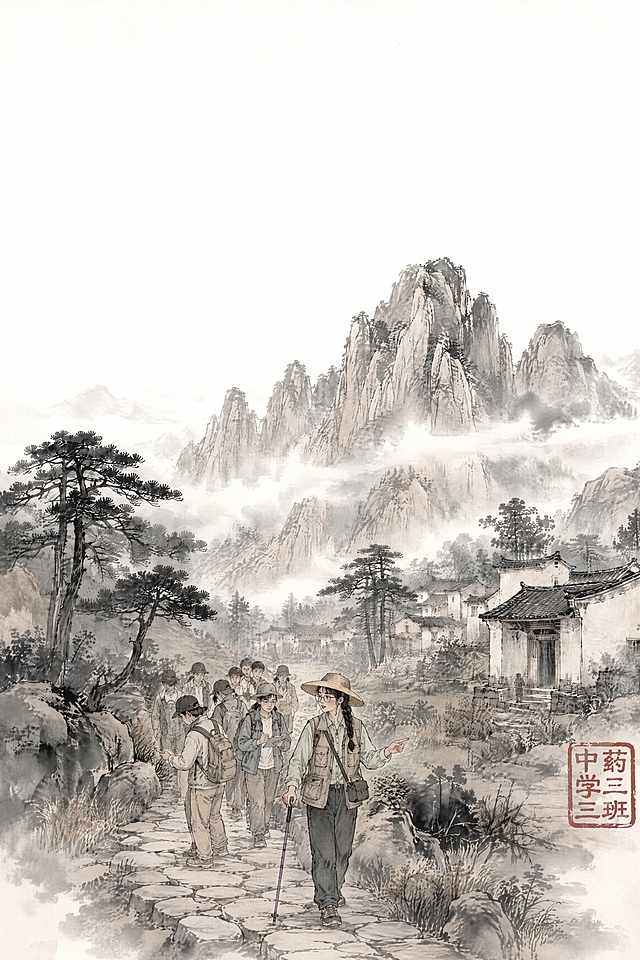 保留原图山体、云雾、村屋、树木、石板路、水墨留白、宣纸质感和整体构图完全不变，只在下方石板小路区域添加人物，不重绘山水，不改变房屋、树木、云雾和背景风格。画面中新增一支现代野外研学考察队伍，整体采用水墨淡彩线描风格，人物像自然叠加上去一样融入古风水墨山水。

走在队伍最前方的是一位年轻东亚女植物学老师，她是整支队伍的领队和核心人物，但不要夸张放大。老师位于画面下方石板小路的前景偏中间位置，人物大小只比身后学生略大一圈，保持古山水画中"人小山大"的比例关系，不能像真人站在古画里，也不能突兀地盖过山水。

老师沿石板小路向前行走，呈前侧方三分之二角度，不是正脸，也不是完全背影，身体略微转向学生方向，脸部侧向观众，能看到认真自然的侧脸神态和领队气质。她头戴宽檐草编大斗笠，斗笠轮廓清晰但不过分巨大，帽檐边缘有一圈低饱和淡黄色包边，作为轻微但明确的视觉记忆点；单侧麻花长辫从一侧垂到胸前，辫子形态清楚，与斗笠形成明显个人特征；脸型偏鹅蛋脸，戴细框眼镜，神情专注温和，像正在带队讲解。

老师身穿低饱和浅薄荷绿色衬衣，颜色柔和偏灰，不使用高饱和荧光绿；外搭卡其色多口袋网眼户外科考马甲，马甲轮廓比学生服装略清晰，胸前口袋、腰侧口袋和分层储物袋用淡墨线描表现，但避免复杂写实纹理和现代工业质感。下装为黑色宽松户外长裤，裤脚自然垂落，整体保持水墨层次。

老师身上斜挎一个深色小型相机包，形状简洁，可隐约看出相机轮廓，但不要刻画复杂按键、镜头玻璃和金属反光；衣领处保留一个细小黑色领夹麦，只作为现代研学领队的识别点，不强调导线和设备质感。她单手握一根淡紫灰色伸缩登山杖，登山杖自然垂在身体一侧，下端轻点石板路面，颜色略区别于学生装备但不过分鲜艳；另一只手抬起，手指自然伸向路边植物，表现正在给学生讲解植物特征。

老师身后沿石板小路跟随着十几个学生，形成有秩序的纵深队伍，学生尺寸略小于老师，且由近到远逐渐变小，形成自然透视。学生服装统一使用低饱和的米色、浅灰、浅蓝、卡其色、淡绿色，避免大面积高饱和颜色，整体像跟随老师行进的现代研学队伍。学生以背影、侧影、半侧影为主，少量露出侧脸，表现出观察植物、低头记录、背包行走和小声交流的自然状态，不要形成正脸合影感。

老师的突出主要不靠大尺寸，而靠以下方式：她走在最前方，动作更明确，斗笠和麻花辫轮廓更清楚，服装线条更完整，装备细节比学生稍多，学生队伍自然围绕她展开。整体画面保持水墨山水为主，人物只是山路上的叙事点缀。所有现代装备都做水墨淡彩化处理，弱化金属、塑料、皮革等现代材质感，保留现代研学活动的识别度，同时自然融入原图古风水墨意境，适合宣传手册中的中医药研学、自然教育和野外考察主题。