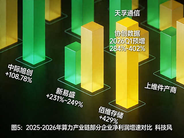多组柱状图展示产业链业绩分化，金融图表科技风格，绿色代表高增长，黄色代表平稳增长。标注各企业2025年净利润增速："中际旭创 +108.78%"、"新易盛 +231%~249%"、"佰维存储 +429%"，上游器件厂商"天孚通信"用黄色展示平缓增速，单独突出亮点标注"协创数据 2026Q1预增 284%-402%"。底部添加图注文字："图5：2025-2026年算力产业链部分企业净利润增速对比 科技风"，整体图表简洁清晰，对比明显