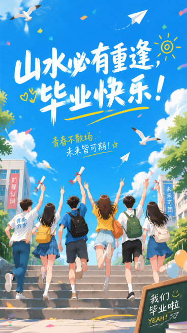 青春热血卡通风格小红书图，画面充满活力，包含文字"山水必有重逢，毕业快乐！"，整体画风明亮活泼预览效果