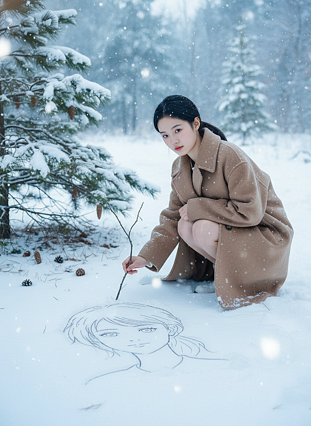 画面主视觉是图示人物蹲在雪地上用树枝画自画像（画像为日漫风，无色彩），并与自画像合影，，穿浅棕毛呢外套。周围落松针、飘雪花，树下堆松果。