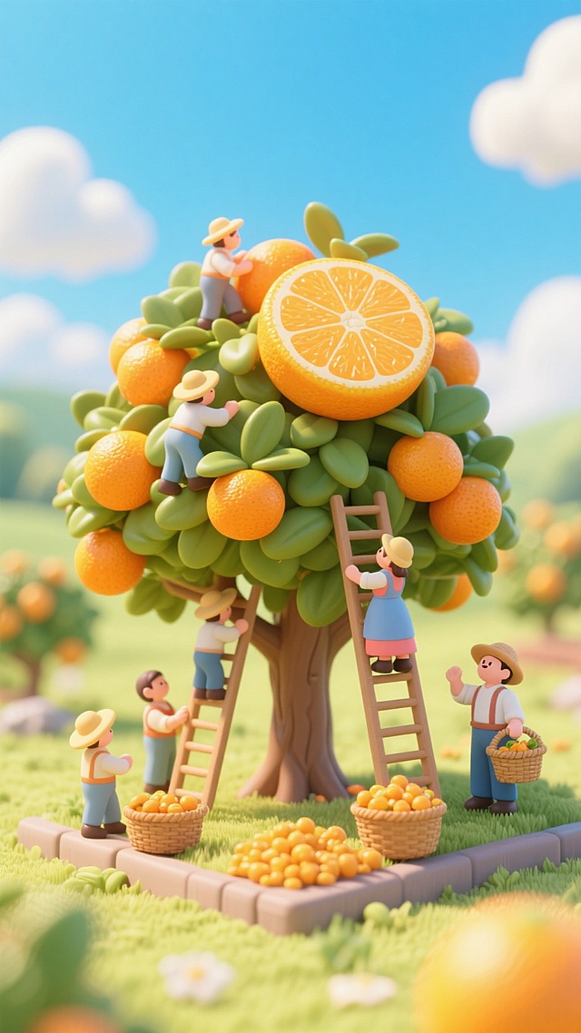 几个微缩小人站在一颗巨大的柑橘树下面，树上挂满了巨大的柑橘，有微缩农民拿着梯子往树上爬，有微缩农妇拿着背篓在树下，有微缩农民在树下张望，阳光很好，温暖，丰富的热闹丰收场景，温柔温馨，梦幻，童话世界，充满想象力的画面，小清新，明亮，简单，大场景，丰收景象，背景是蓝天白云