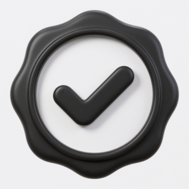 软3D风格图标，一个黑色的圆形印章内有一个向右倾斜的黑色对勾符号，线条圆润柔和，具有轻微的立体感和厚度，背景为纯白色，整体设计简洁、现代、清晰，具有图标化的视觉特征。预览效果