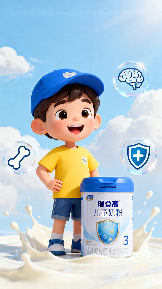 产品包装海报风格，一个戴蓝色帽子、穿黄色T恤的卡通小男孩，笑容灿烂，自信地站着，小男孩旁边放着一罐“瑞登高”儿童奶粉，背景是淡蓝色的天空和白云，周围有淡淡的牛奶飞溅效果，画面左右两侧漂浮着大图标：一个骨头代表钙、一个大脑代表DHA、一个盾牌代表乳铁蛋白，有温暖的阳光，3D皮克斯风格渲染，色彩明亮干净，海报顶部和底部预留文字空间