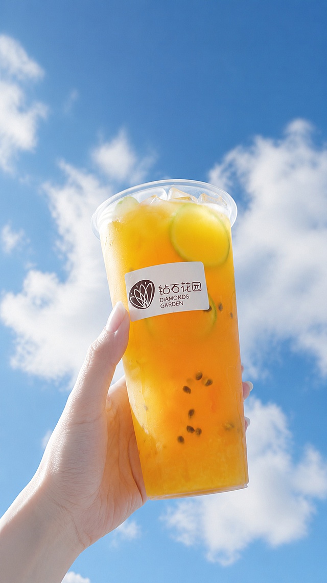 饮品杯严格参照图1产品图，完整保留所有可见组件、部件、轮廓形状、结构、比例、材质质感、颜色与杯身"钻石花园 DIAMONDS GARDEN"logo贴纸文字信息，与上传图完全一致。
户外蓝天白云场景，冷调柔和自然色调。
中国年轻女性手持饮品杯（保留图3人物性别/国籍/肤色/年龄段/姿态/与产品互动方式），柔和侧逆光（还原参考图自然光方向），产品受光面泛起冷调天蓝、暗部映射白云浅灰光晕，与环境物理融合。细腻液体质感，通透光影，胶片质感，柔和阴影，简约留白，浅景深微微虚化背景。画面中心主体为饮品杯，特写构图。
全量换款清单：①人物：参考图男性手部 → 生成图女性纤细手部，肤色白皙，指甲自然裸色（性别/国籍/肤色/持握姿态保留，换性别为女性+手部细节）；②饮品杯：参考图喜茶轻酵黄皮康普茶带白色标签 → 生成图1橙黄色百香果饮品带钻石花园logo贴纸（产品本体严格按图1）；③背景：参考图蓝天+少量白云 → 生成图更丰富的蓬松白云蓝天；④视角：参考图微侧角度 → 生成图偏转25°另一侧微侧角度。
消除参考图中所有标签文字、二维码、状态栏图标、视频播放控件。商业美食摄影，高清8K质感。严格锁定宽高比为9:16。