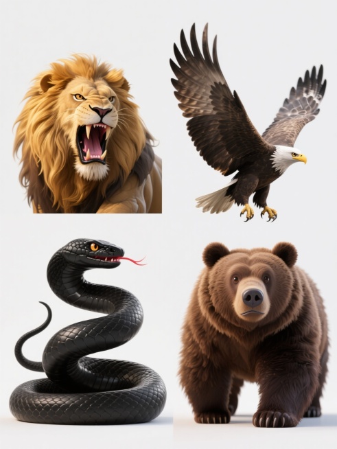 四个动物组成的插画系列，3D渲染风格，每个动物置于不同纯色背景上，整体光影统一，规整排布在白色背景上。张着血盆大口的黑色眼镜蛇，蛇身缠绕，鳞片纹理精细，肌肉感写实，眼神锐利，表情凶狠；威风凛凛的金色狮子，鬃毛飘逸，肌肉线条明显，眼神锐利有神；展翅飞翔的雄鹰，羽毛纹理清晰，翅膀肌肉饱满，眼神锐利坚定；憨态可掬的棕色熊，毛发质感逼真，体态憨厚，眼神灵动。所有动物细节丰富，立体感强，表情生动，色彩变……预览效果