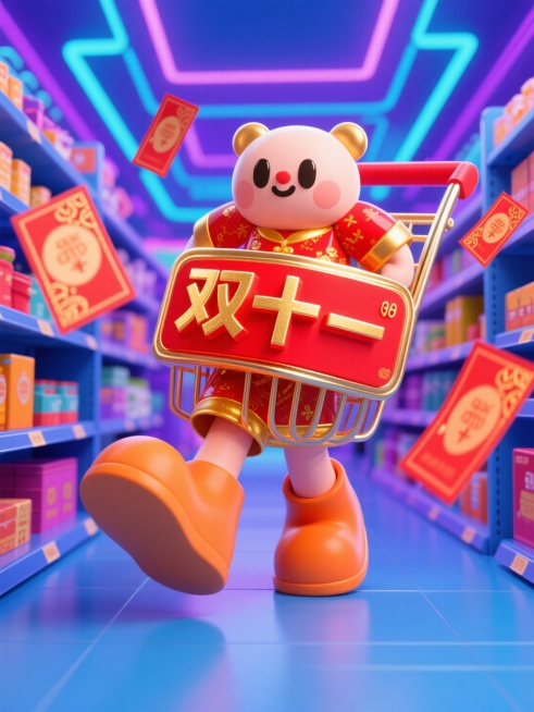画面中有购物车、优惠券、包裹等购物元素，还有可爱拟人化电商平台形象（或卡通购物小人），围绕 “双十一” 促销标识互动。场景设定：热闹的线上电商界面或线下商场，背景有闪烁促销灯光、满是商品的货架、代表网预览效果