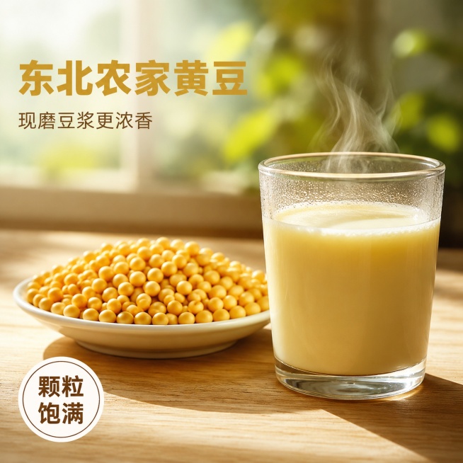 [主图-1] 浅原木桌面上，一杯冒着热气的现磨黄豆浆，豆浆浓稠挂壁，旁边放一碟饱满金黄的生黄豆。
[氛围风格] 家常早餐食材特写，真实自然
[画质] 商业超写实摄影质感，8K超高清，光线柔和通透，产品预览效果