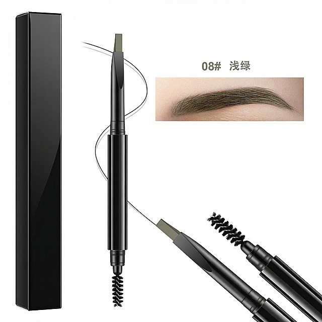 将这张眉笔图的外包装盒和笔身包材全部修改为亮黑色，笔头保持扁平形状，不要改为三角形，保留其他所有内容不变，包括08# 浅绿文字、试色图和整体构图布局