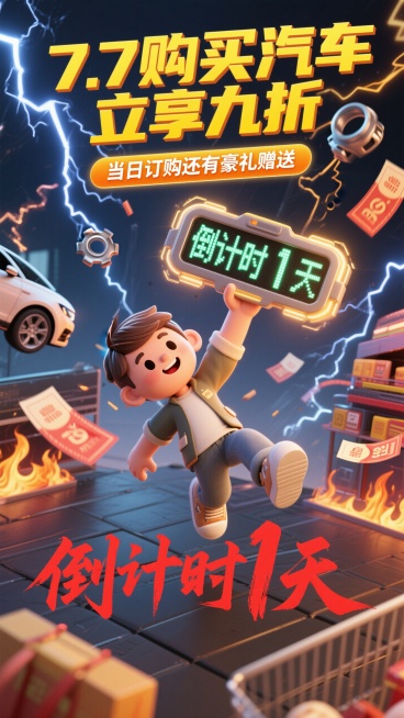 主标题"7.7购买汽车立享九折"，副标题在主标题下方"当日订购还有豪礼赠送"，字体带有闪电效果。卡通小人拿着倒计时显示屏，显示屏展示电子科技感字体文案“倒计时1天”，从空中落下的汽车零件和优惠券带着光预览效果