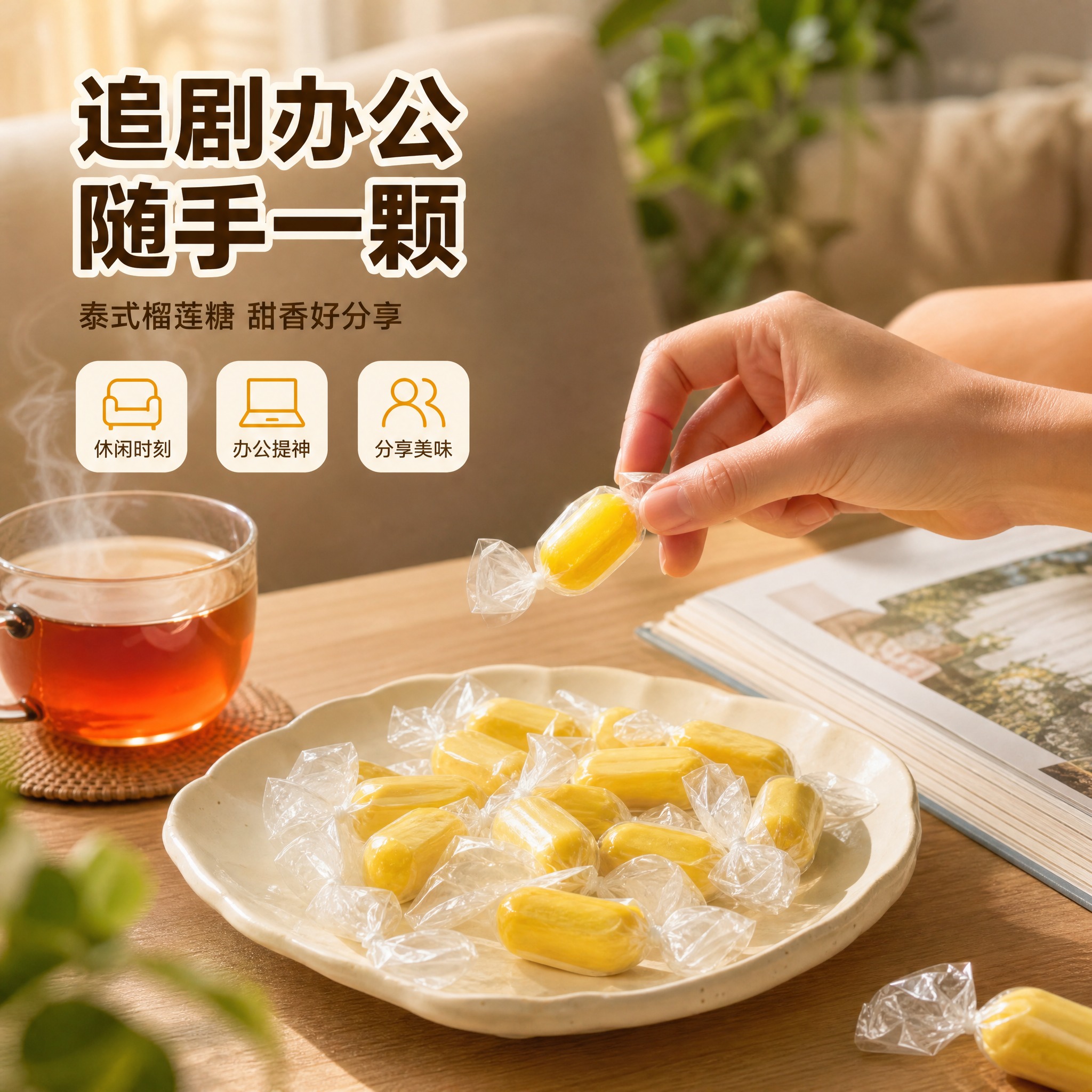 [主图-4] 泰式榴莲糖 食用场景体验图，唯一任务：呈现真实食… - 图片创意预览